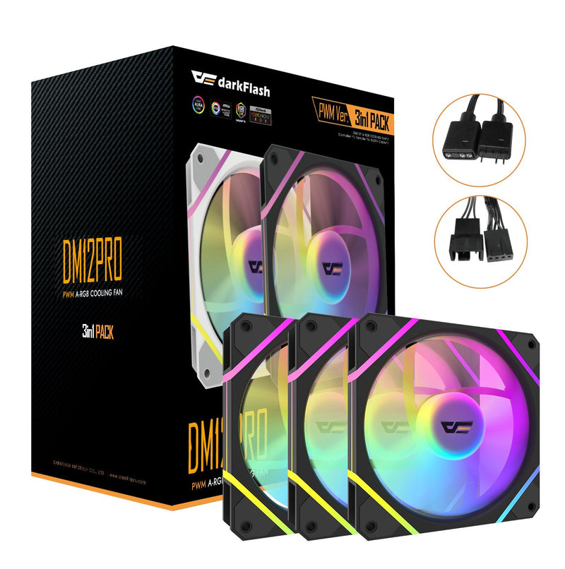 Kit de tres ventiladores darkFlash DM12 Pro PWM ARGB blancos con caja y cableado