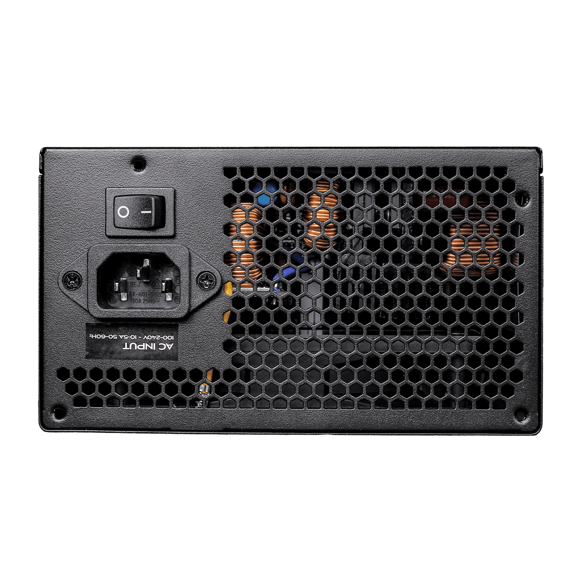 Fuente darkFlash PMT 850W 80 PLUS Gold: parte trasera con entrada de corriente y rejilla.