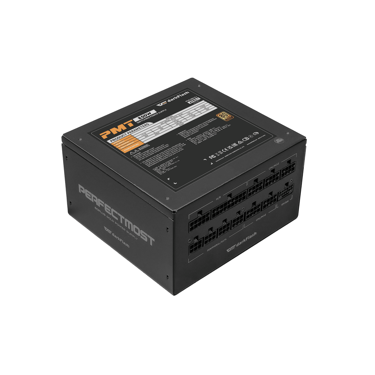 Fuente darkFlash PMT 850W 80 PLUS Gold: etiqueta superior con especificaciones.