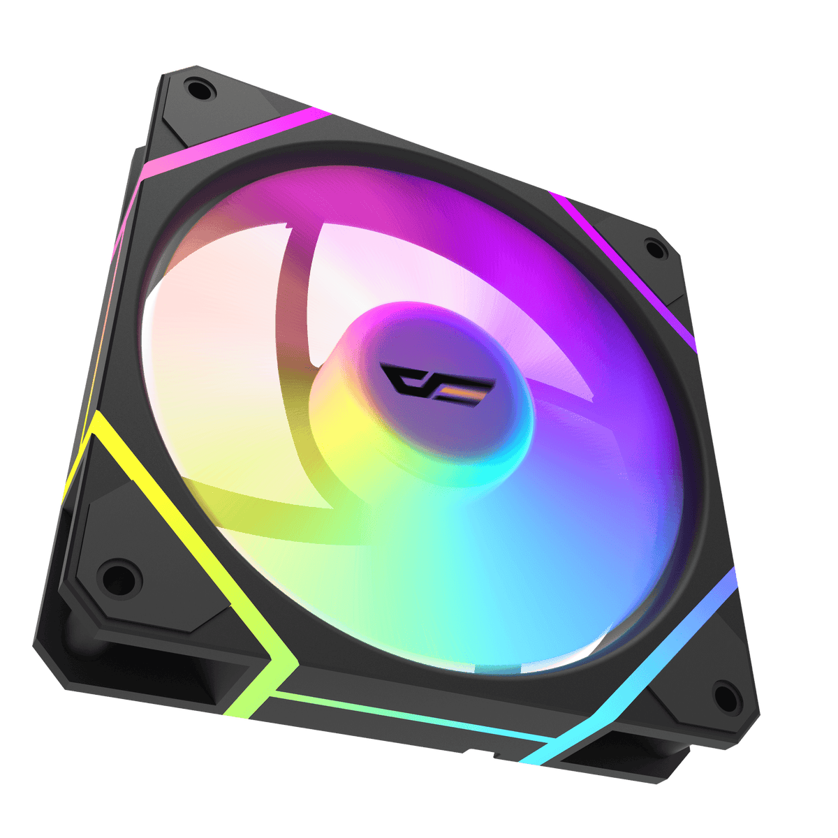 Color: Negro | Vista frontal oblicua de un ventilador negro darkFlash DM12 Pro incluido en el kit de tres.