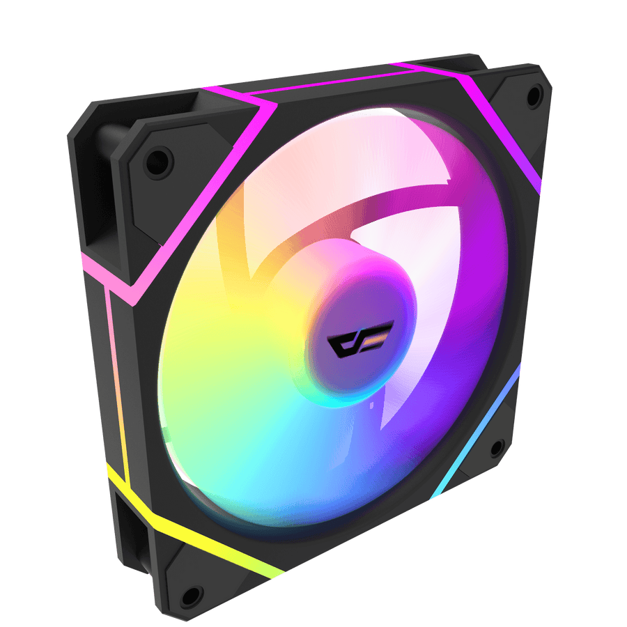 Color: Negro | Vista frontal oblicua alternativa de un ventilador negro darkFlash DM12 Pro incluido en el kit de tres.