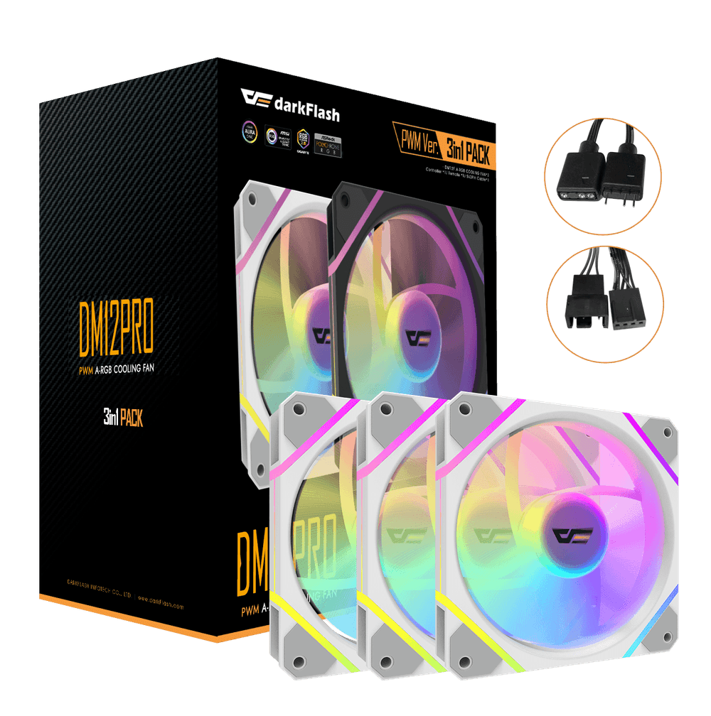 Color: Blanco | Caja y tres ventiladores darkFlash DM12 Pro blancos con accesorios.