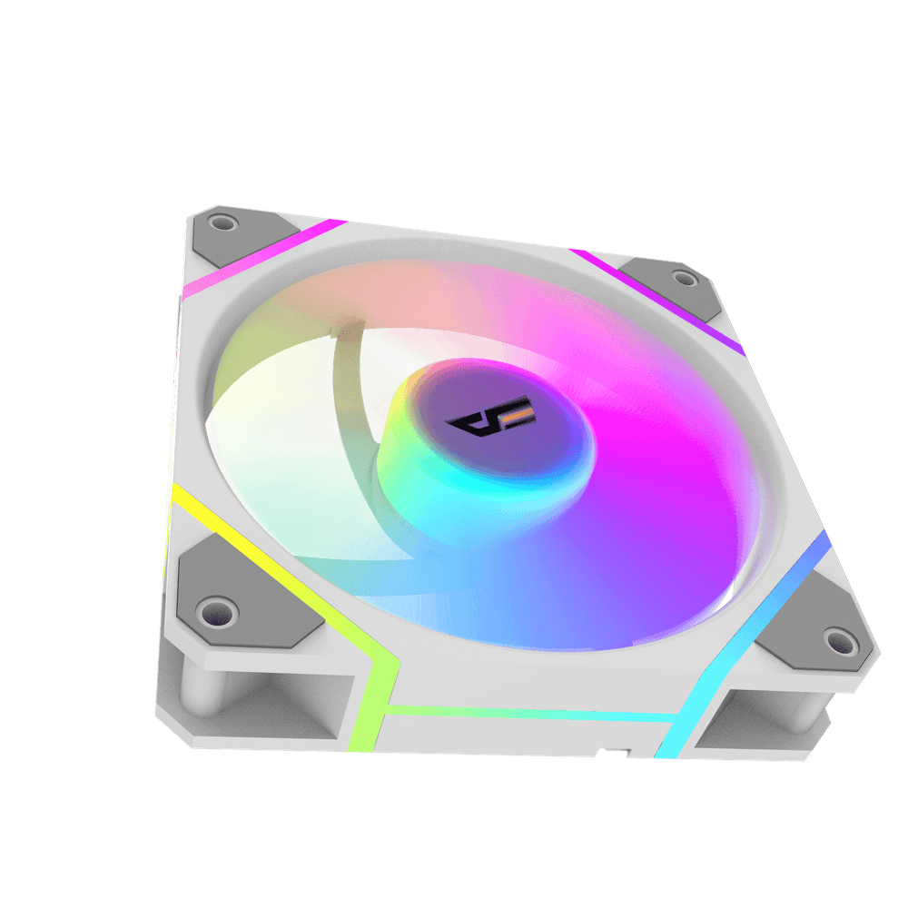 Color: Blanco | Vista lateral de un ventilador darkFlash DM12 Pro blanco con iluminación ARGB.