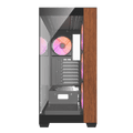 Caja darkFlash DS900W negra: detalle lateral del panel frontal de madera.