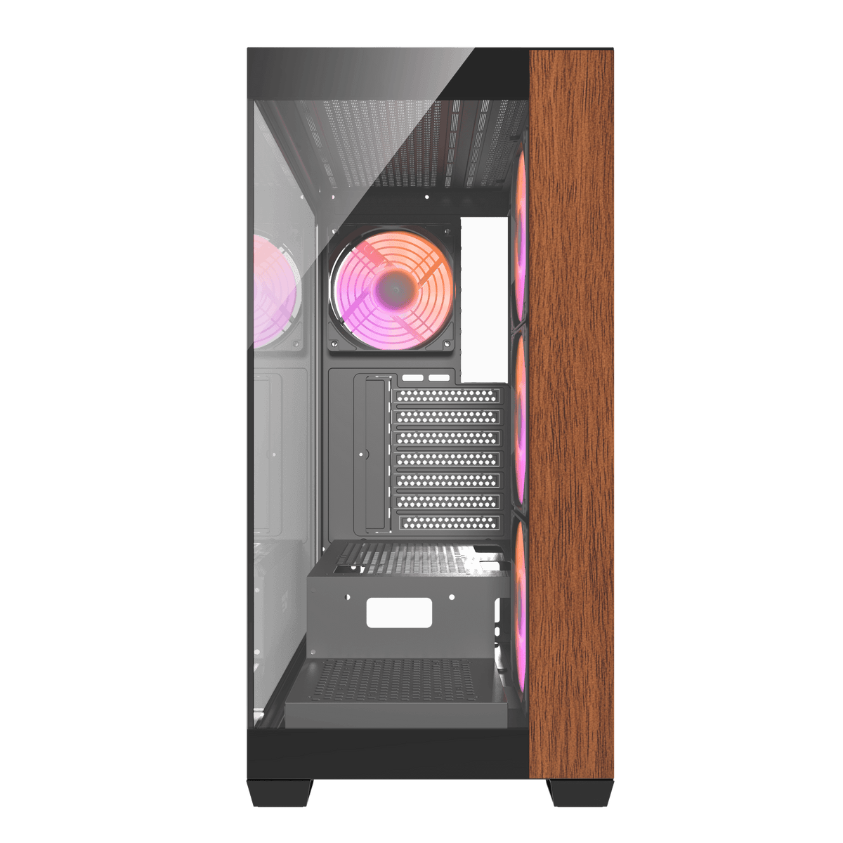 Caja darkFlash DS900W negra: detalle lateral del panel frontal de madera.