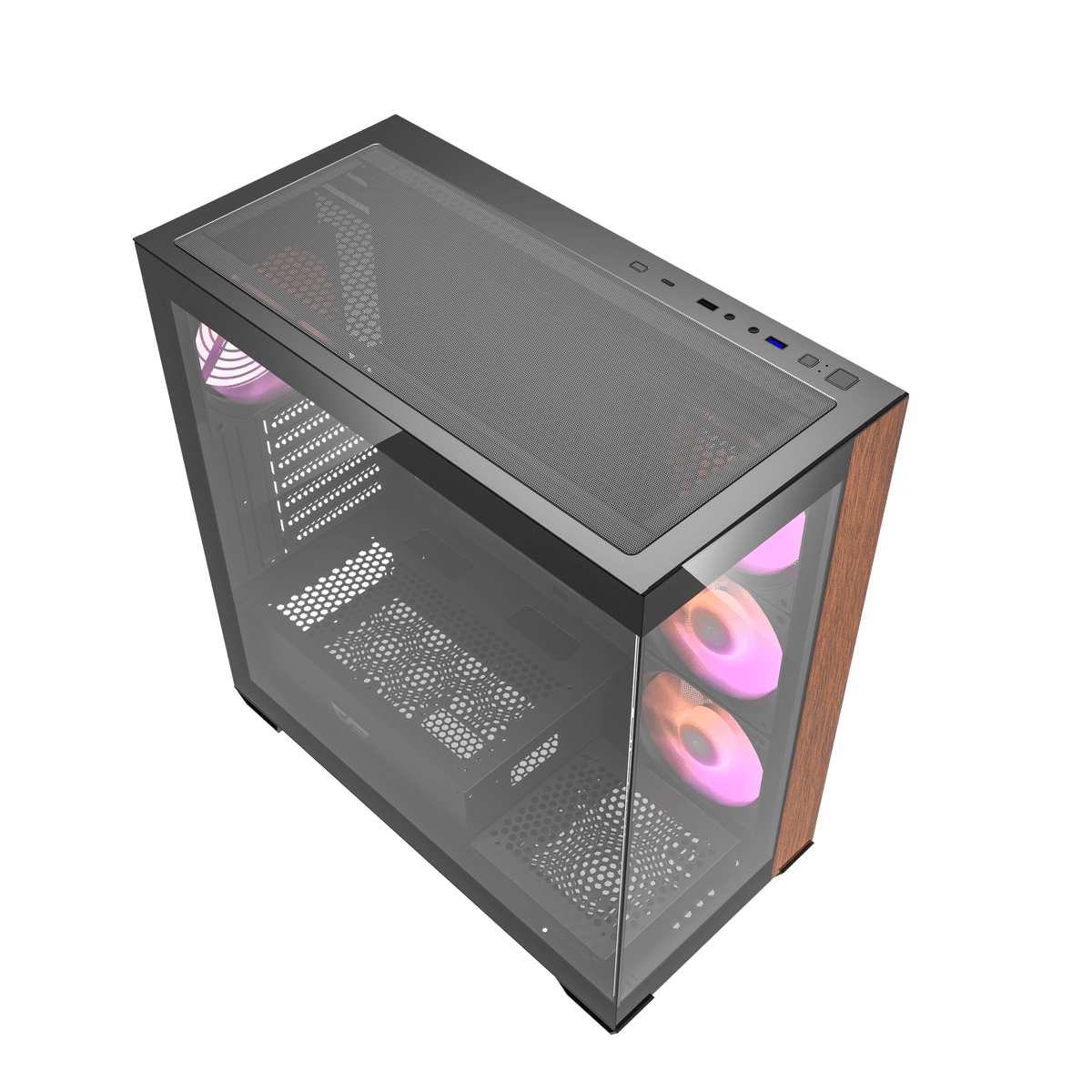 Caja darkFlash DS900W negra: vista superior y lateral en tres cuartos.